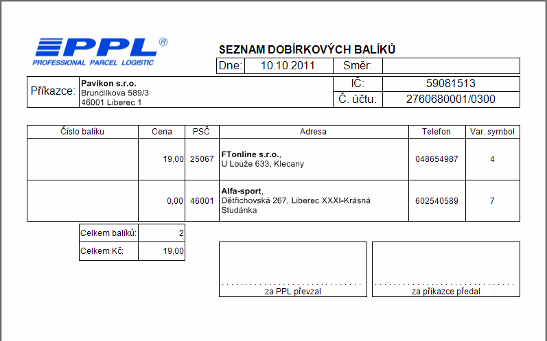 Poštovní doklady - Podací arch PPL